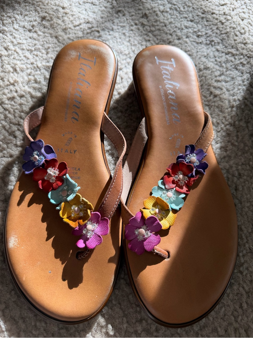Italina Tan Leather Floral Toe-Post Sandals - Multicolor Flowers